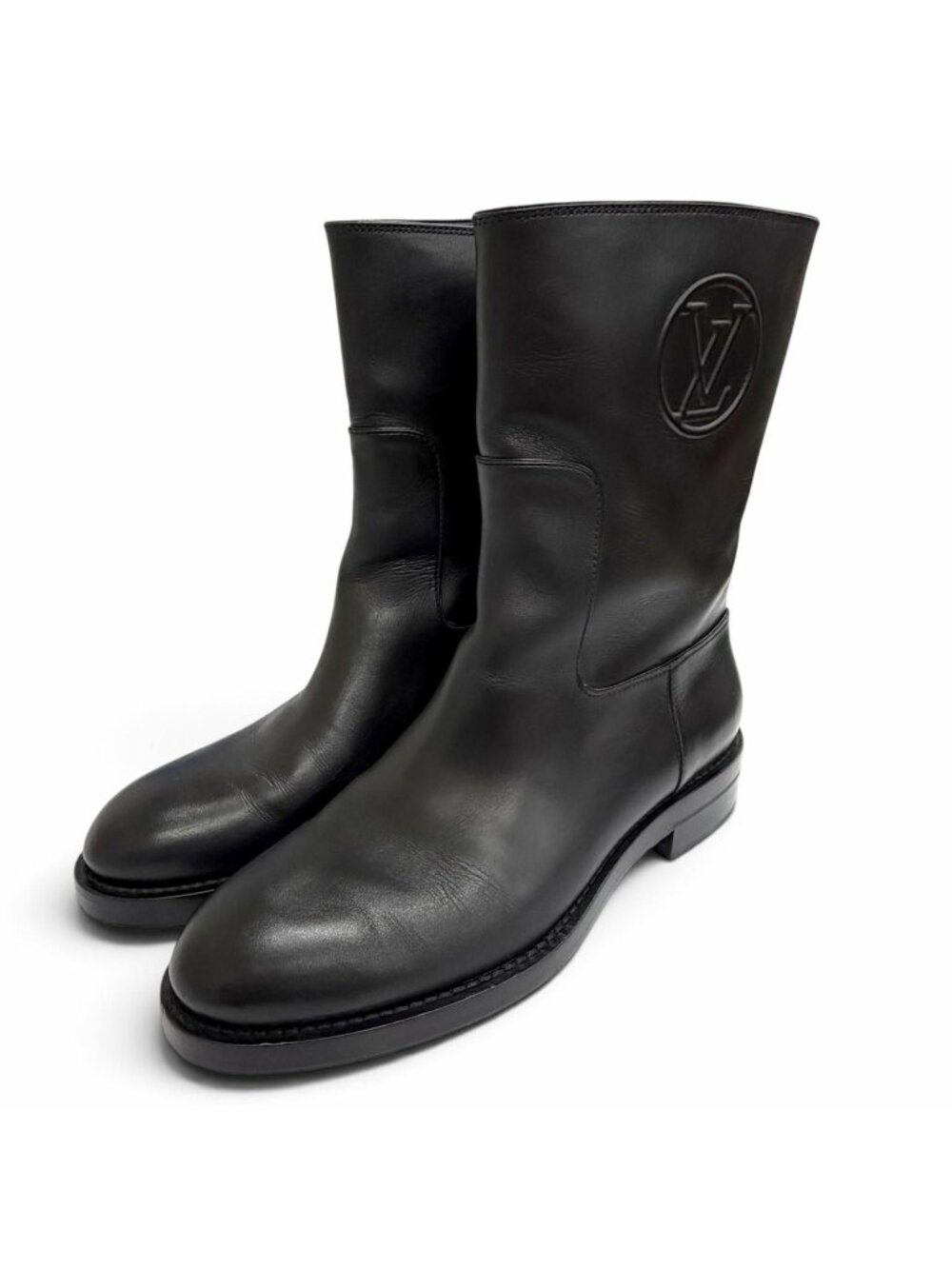 Louis Vuitton Leather LV Circle Logo Round Toe Flat Short Boots Black